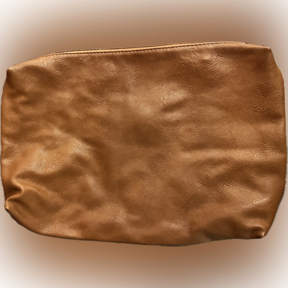 Caramel Leather Clutch with Gold Zipper & Rings